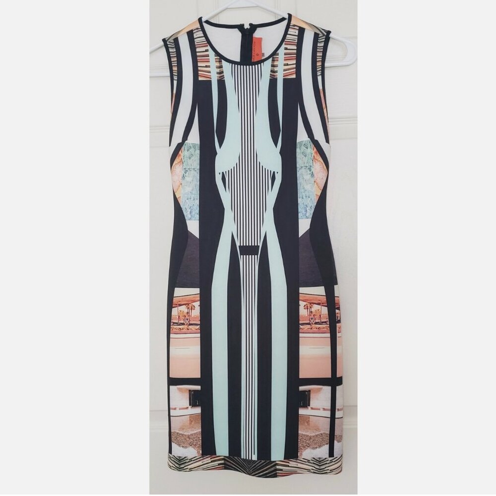 Clover Canyon Dress Scuba Sheath XS Deco Jewel Psychedelic Crystal